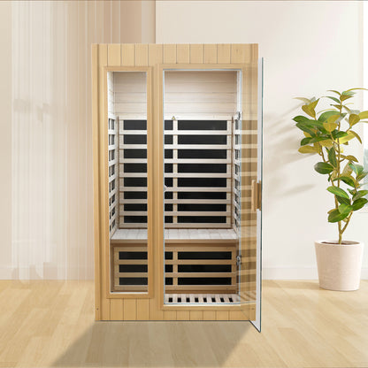 Two-Person Far Infrared Indoor Sauna Room with 1500W, 5 Heating Panels, LCD, Bluetooth Natural Wood