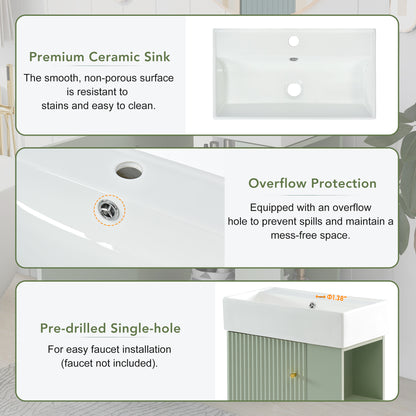 Contemporary 21.6" Green Bathroom Vanity with Ceramic Sink and Right Side Storage Cabinet