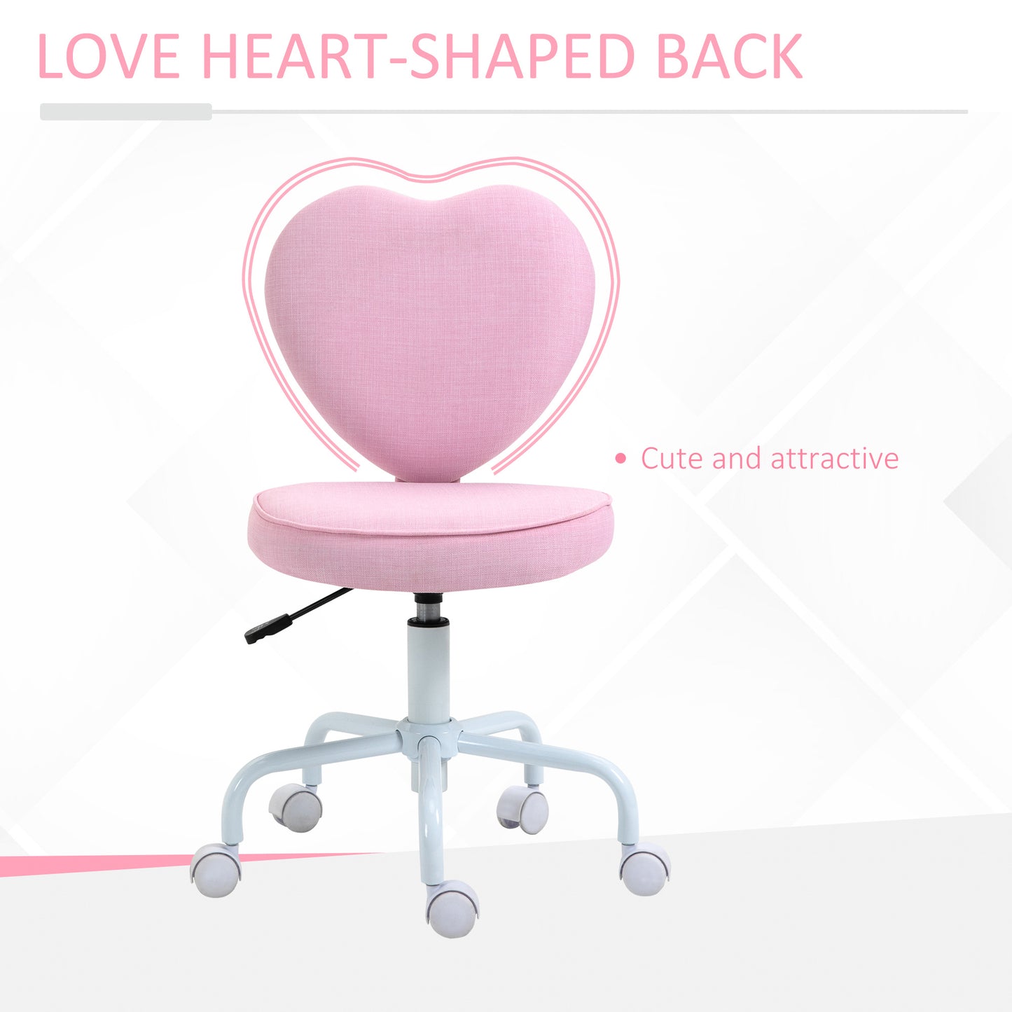 Cute Pink Heart-Shaped Swivel Office Chair with Adjustable Height and Rolling Wheels