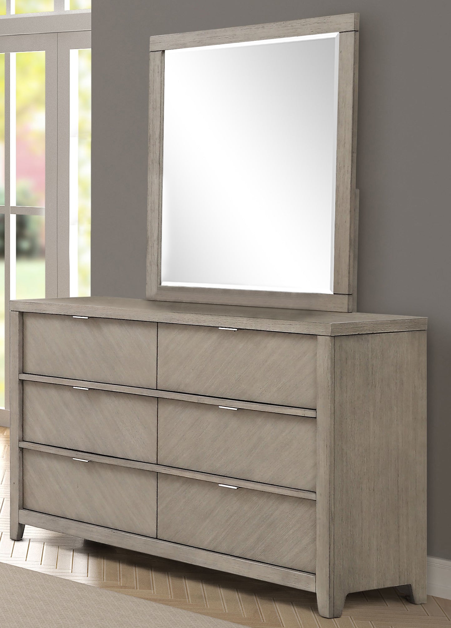 Transitional Beveled Mirror in Light Gray