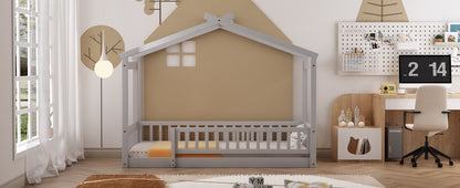 Whimsical Twin Wooden House Bed Frame with Fenced Design for Kids and Teens - Gray