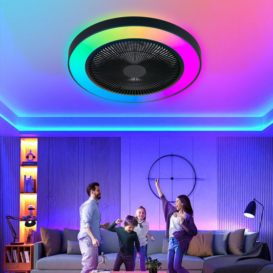19-Inch Modern Smart Ceiling Fan with Dimmable RGB LED Light, App/Remote Control, Silent 6-Speed Reversible DC Motor for Living Room and Bedroom in Black