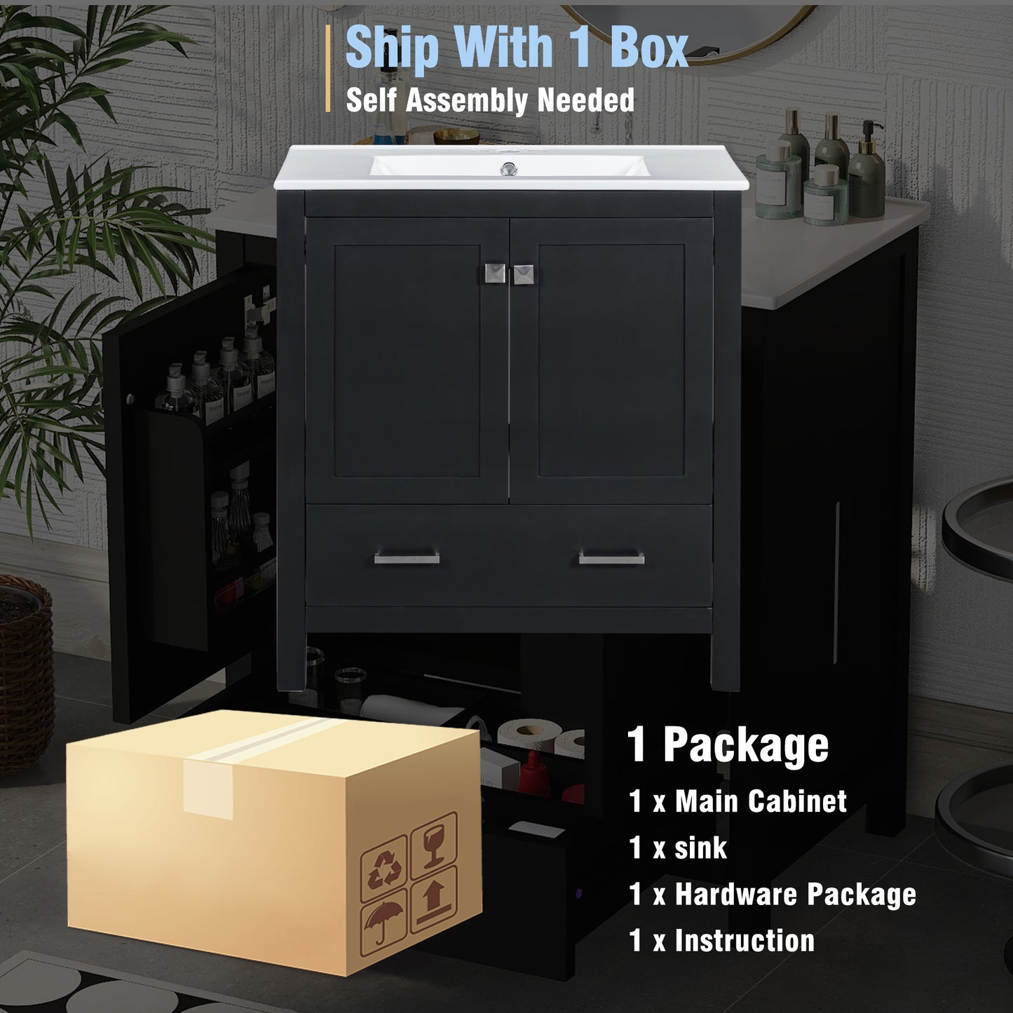 30-Inch Modern Black Bathroom Vanity with Single Sink and Soft-Close Doors, Stylish Storage Cabinet with Undermount Ceramic Basin, Durable Solid Wood Frame