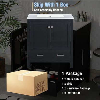 30-Inch Modern Black Bathroom Vanity with Single Sink and Soft-Close Doors, Stylish Storage Cabinet with Undermount Ceramic Basin, Durable Solid Wood Frame