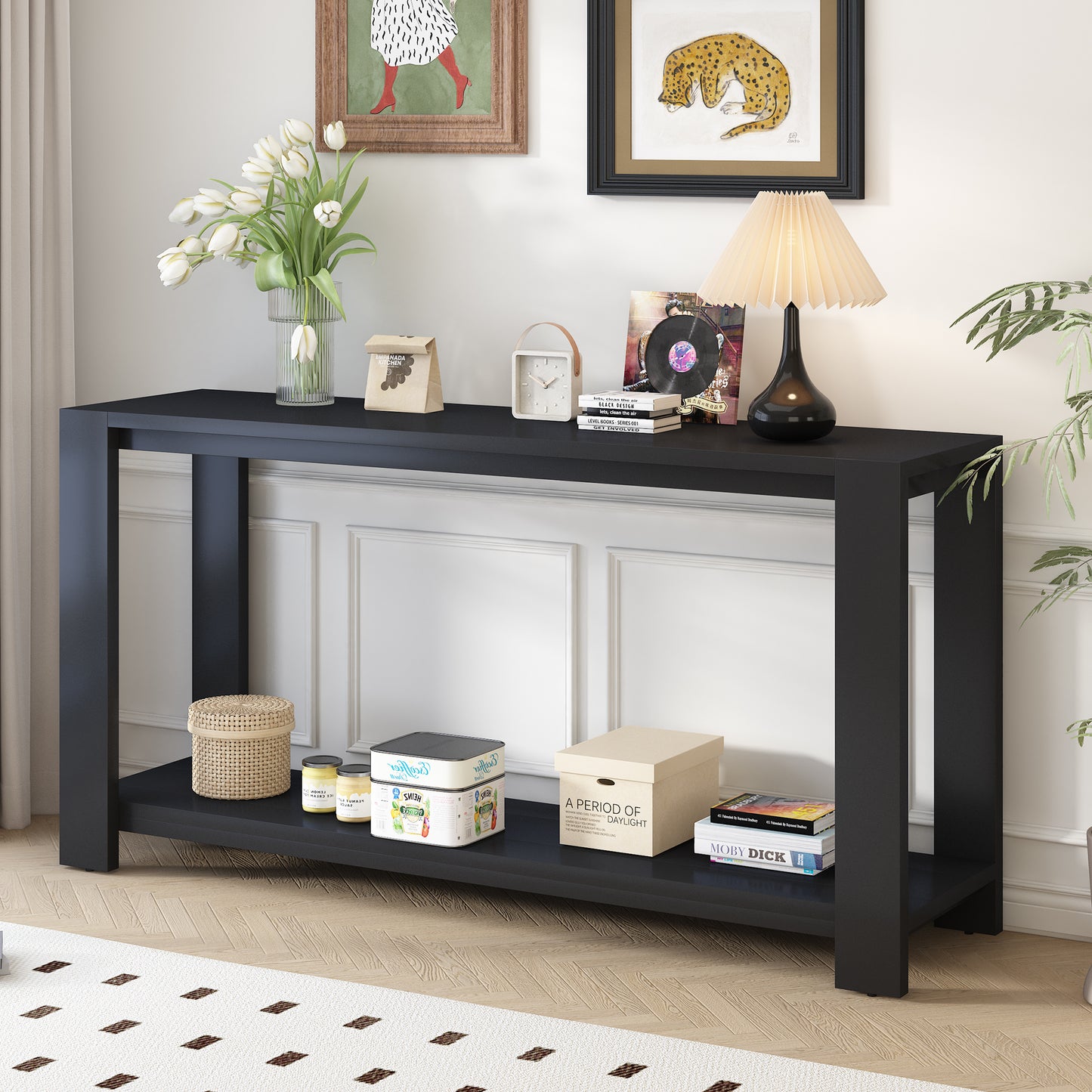 Minimalist Console Table with Bottom Shelf and Four Legs 59.8in L MDF 220 LBS Entryway Living Room Black