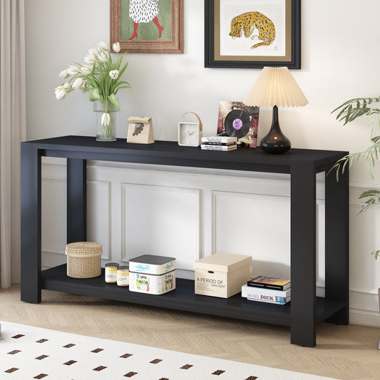 Minimalist Console Table with Bottom Shelf and Four Legs 59.8in L MDF 220 LBS Entryway Living Room Black