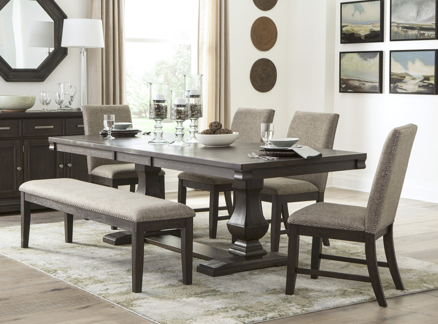 64-Inch Upholstered Wood-Framed Dining Bench with Nailhead Trim, Traditional Style Rustic Brown Finish