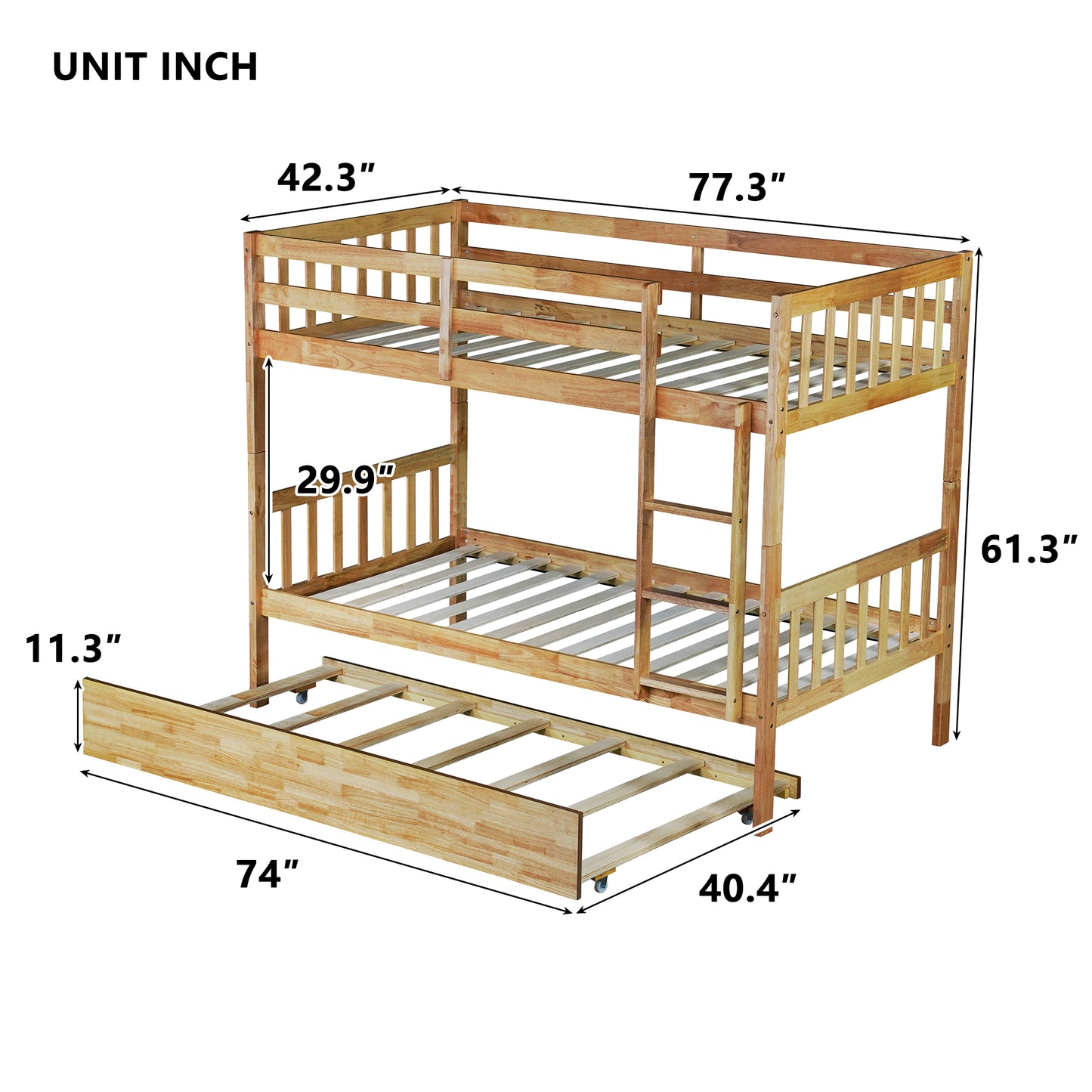 Convertible Twin Over Twin Bunk Bed with Trundle, Rubber Wood Design, Ladder & Safety Guardrails, Natural Finish