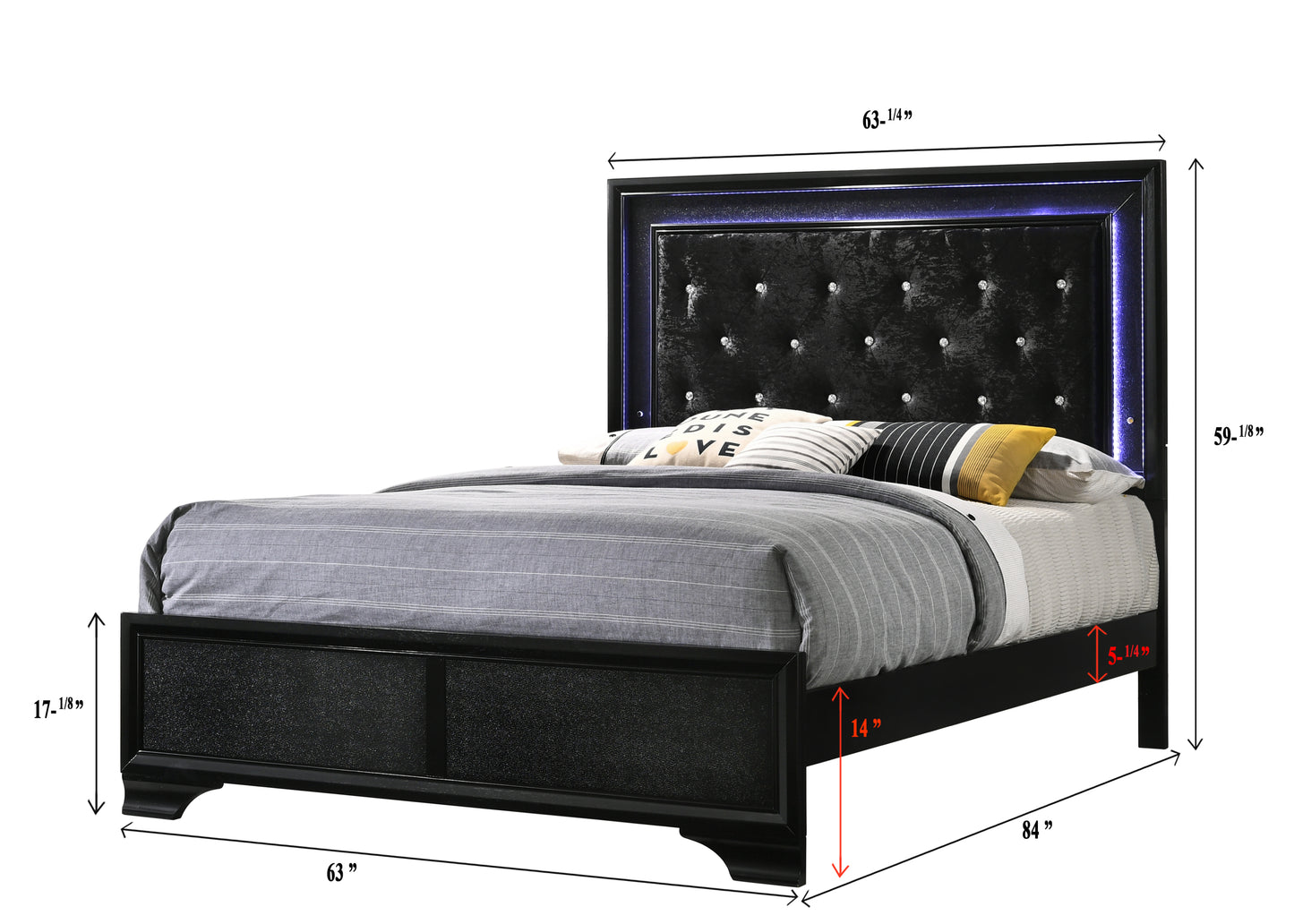 Contemporary LED Queen Size Bed with Faux Diamond Tufting and Black Upholstered Finish