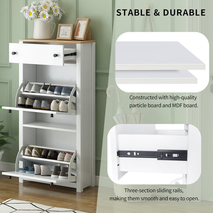 Contemporary White Shoe Cabinet with Wood Grain Top, Adjustable Drawer Organizer and 2 Flip Storage Sections for Entryway