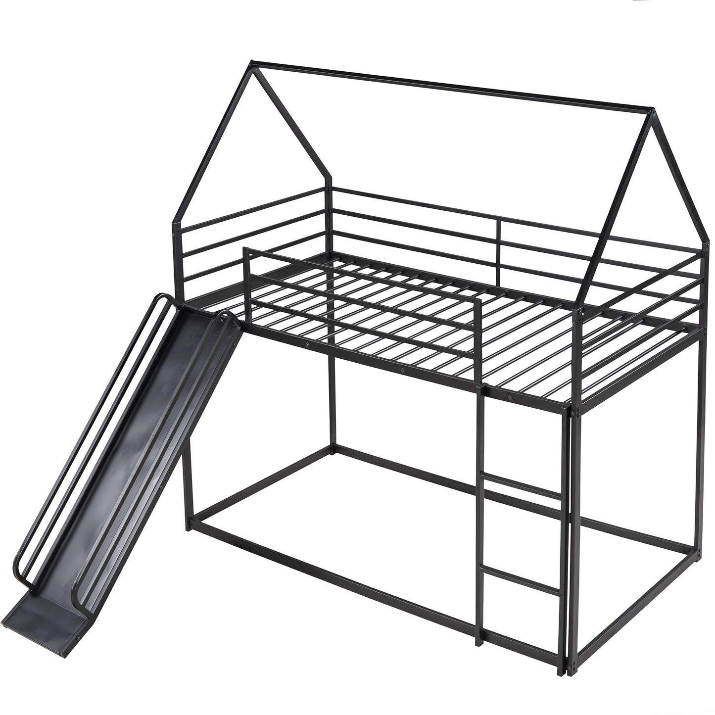 Twin House Bunk Bed with Slide and Ladder in Black for Kids