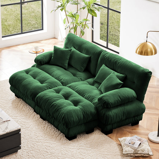 Cloud Sleeper Sofa for Living Room - Chenille 2-Seater with 2 Lumbar Pillows, 2 Ottomans, Wide-Arm Green