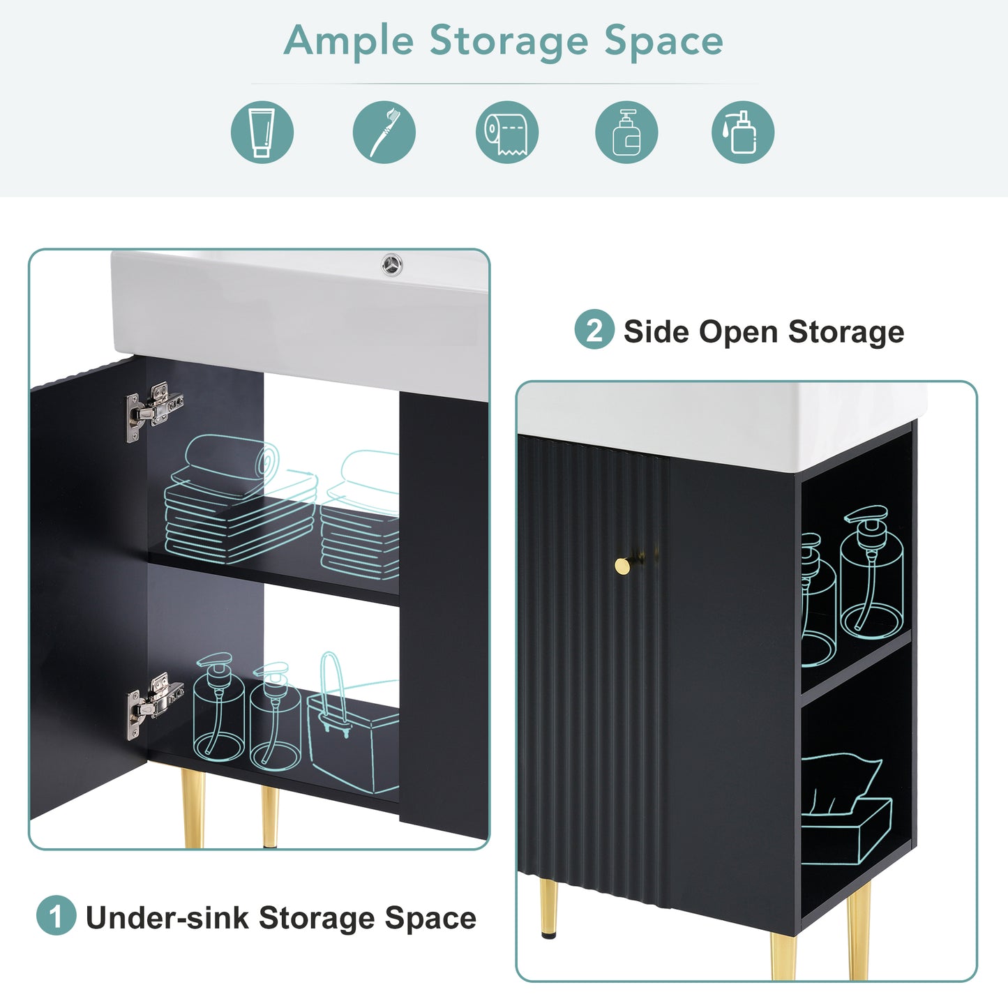 Modern 21.6" Black Bathroom Vanity with Ceramic Sink and Right-Side Storage Cabinet