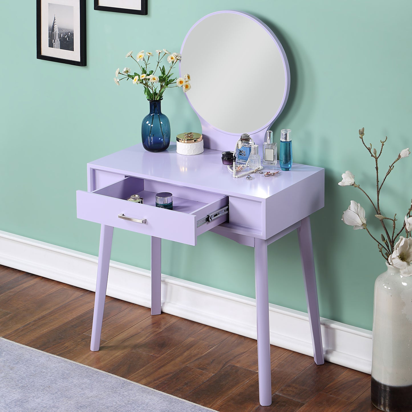 Contemporary Wood Vanity and Stool Set with Storage Drawers, Makeup Table for Bedroom, Modern Desk - Purple