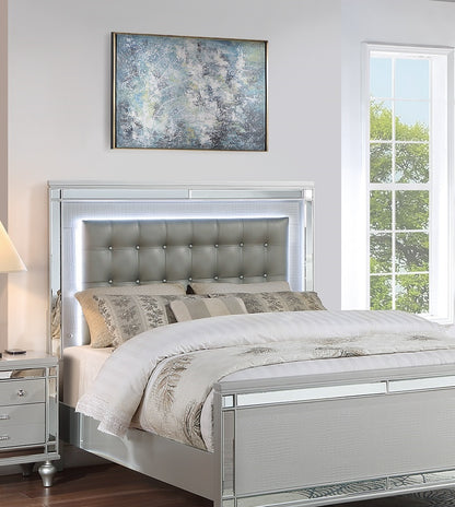 Elegant Silver Tufted Faux Leather Queen Bed with LED Lighting and Mirrored Accents
