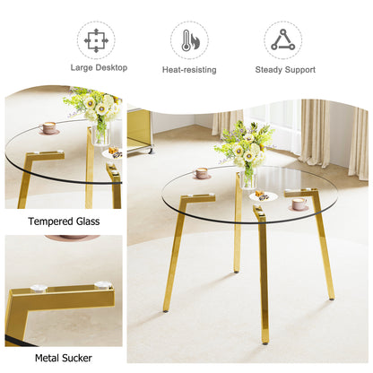 Modern minimalist style circular transparent tempered glass table, tempered glass tabletop, golden metal legs, suitable for kitchen, dining room, and living room, 42 "* 42" * 29.5 "1123r