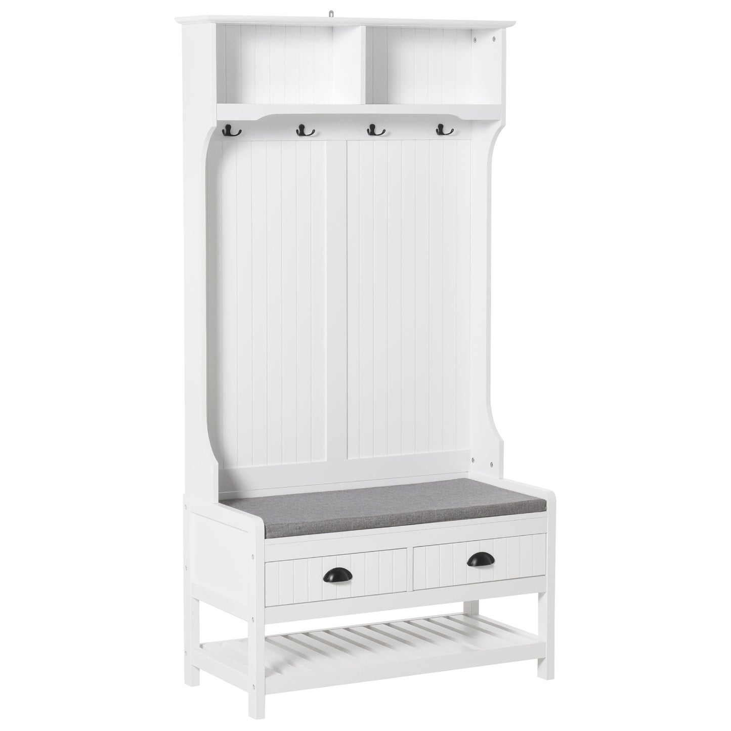 3-in-1 Hall Tree with Coat Rack, Bench, Shoe Storage, 2 Drawers, 4 Hooks, Padded Seat, White