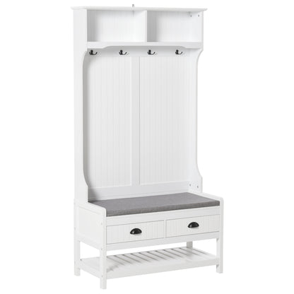 3-in-1 Hall Tree with Coat Rack, Bench, Shoe Storage, 2 Drawers, 4 Hooks, Padded Seat, White