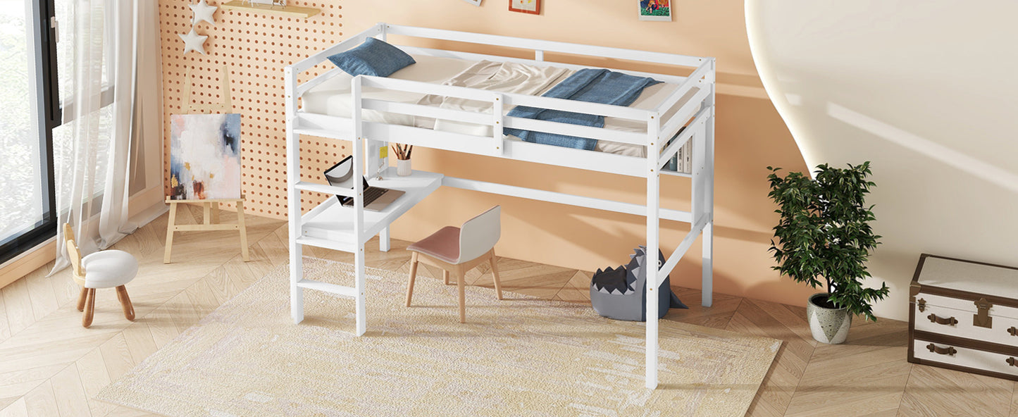Twin Loft Bed with Integrated Desk and Shelves, Safety Guardrails, and Ladder in White