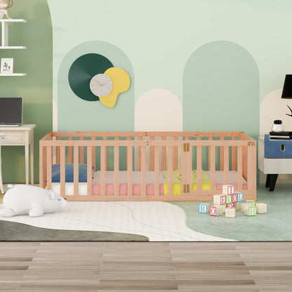 Natural Twin Size Wooden Floor Bed Frame with Playful Fence and Door