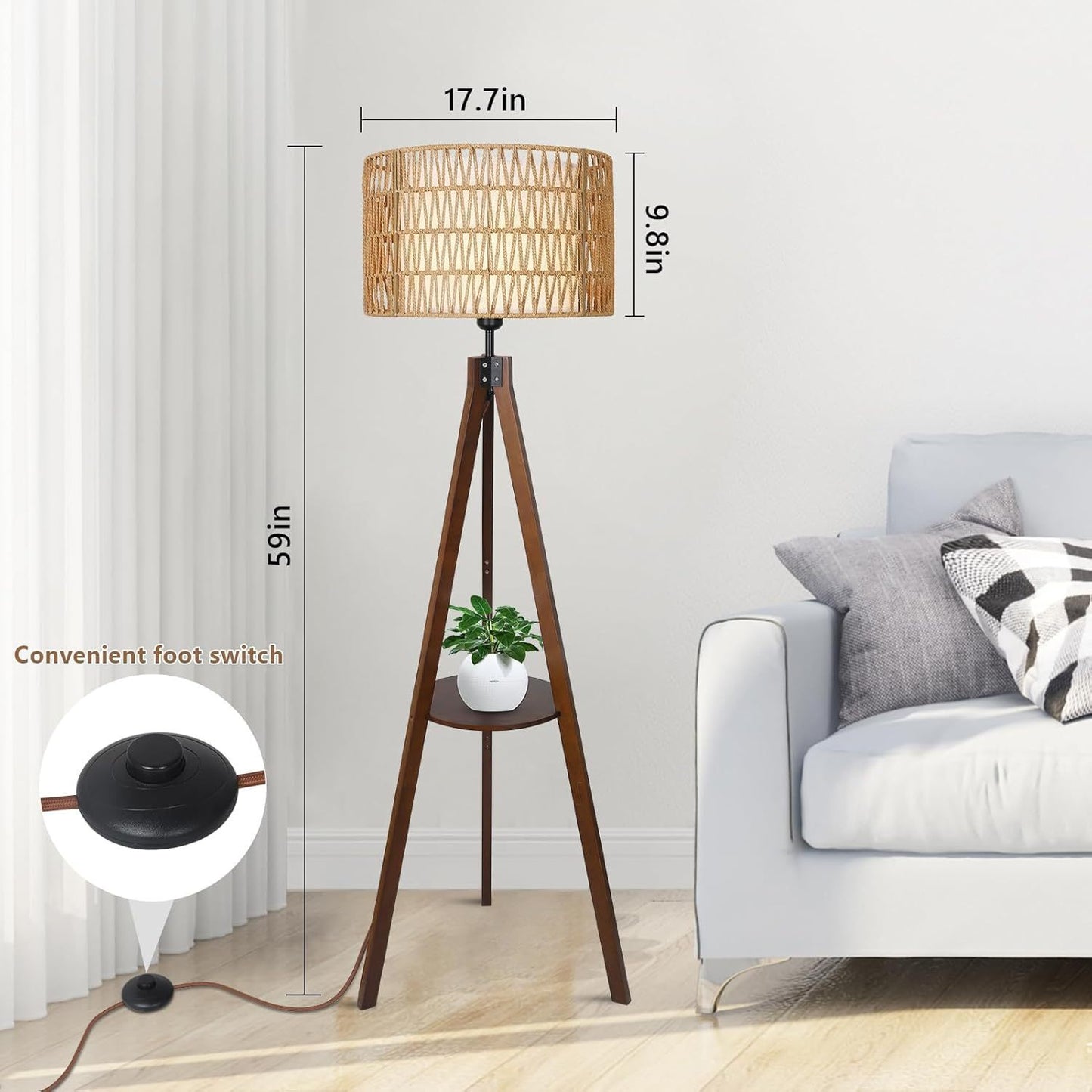 59-Inch Tripod Floor Lamp with Shelves, Wood Mid-Century Lamp with Rattan & Fabric Shades, On/Off Foot Switch, Brown