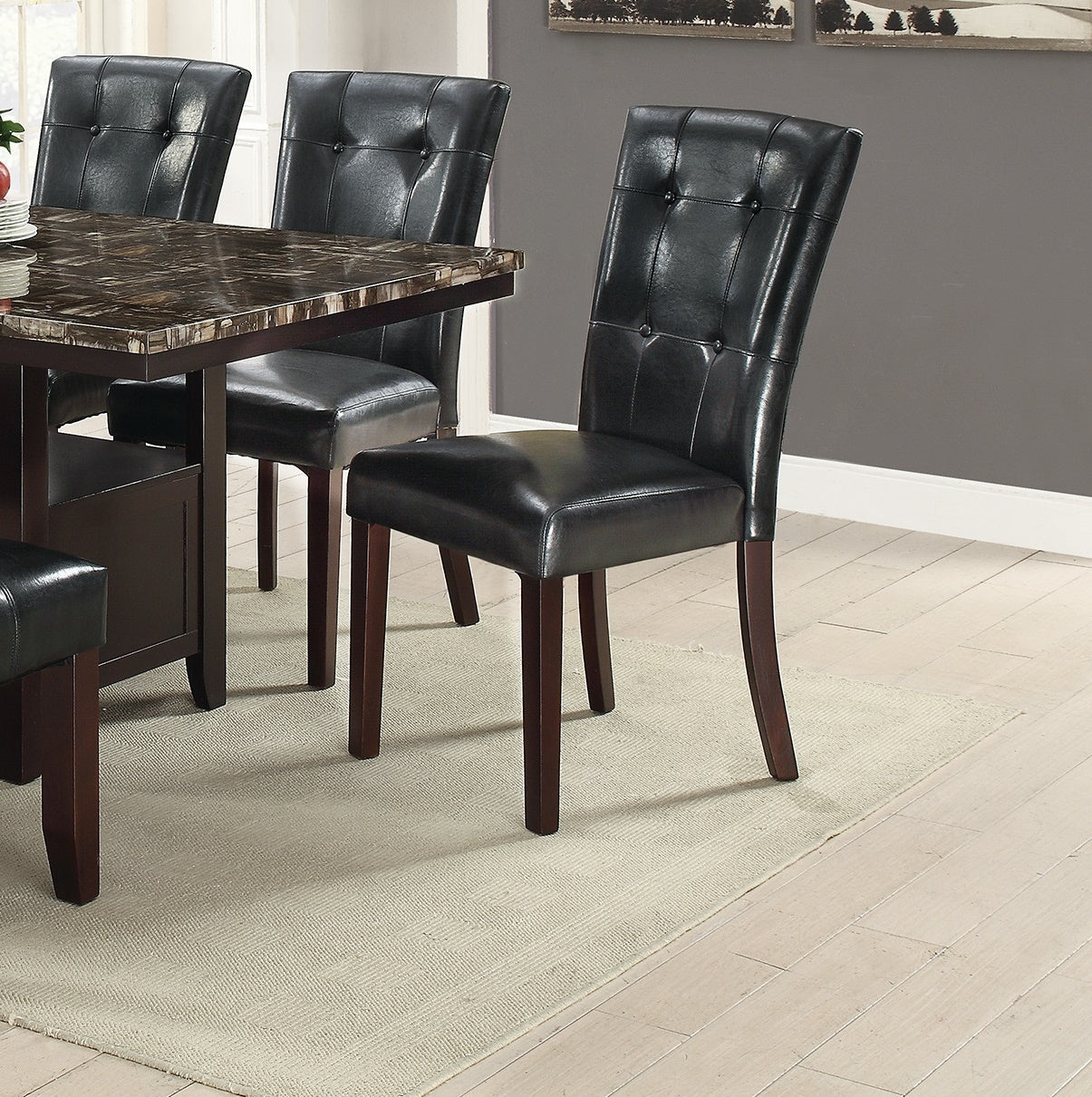 Set of 2 Parson Dining Chairs, Faux Leather, Tufted Back, Birch Wood & MDF, 19 x 24 x 39 in, Black