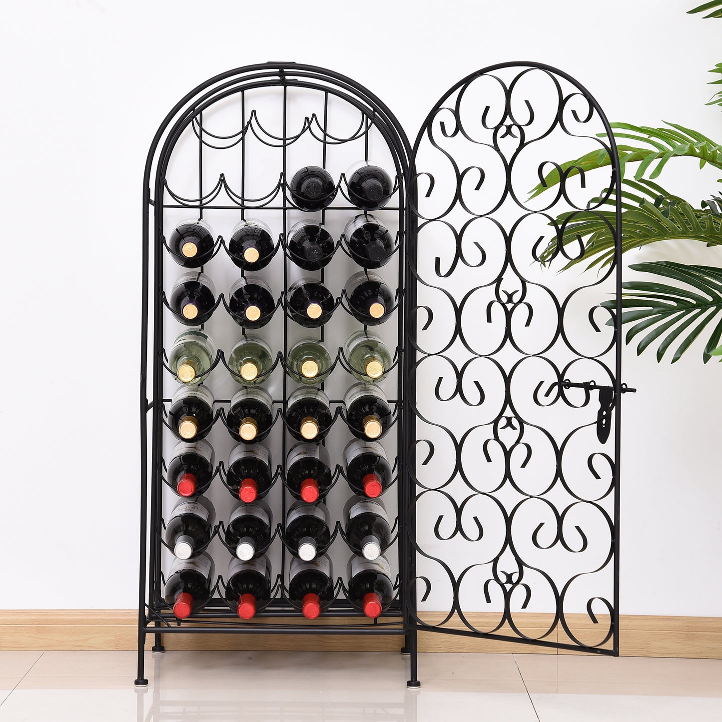 Black Wrought Iron Wine Cabinet With Lock For 35 Bottles