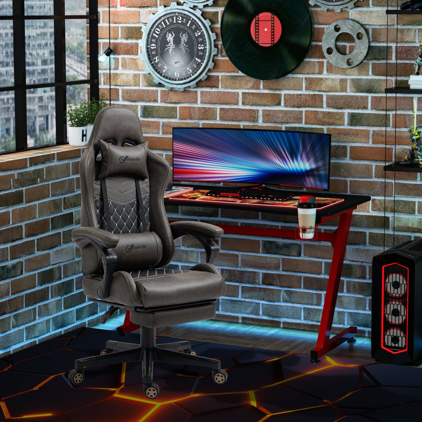 Vinsetto High-Back Racing Gaming Chair with Footrest - Ergonomic PU Leather Office Gamer Seat in Brown