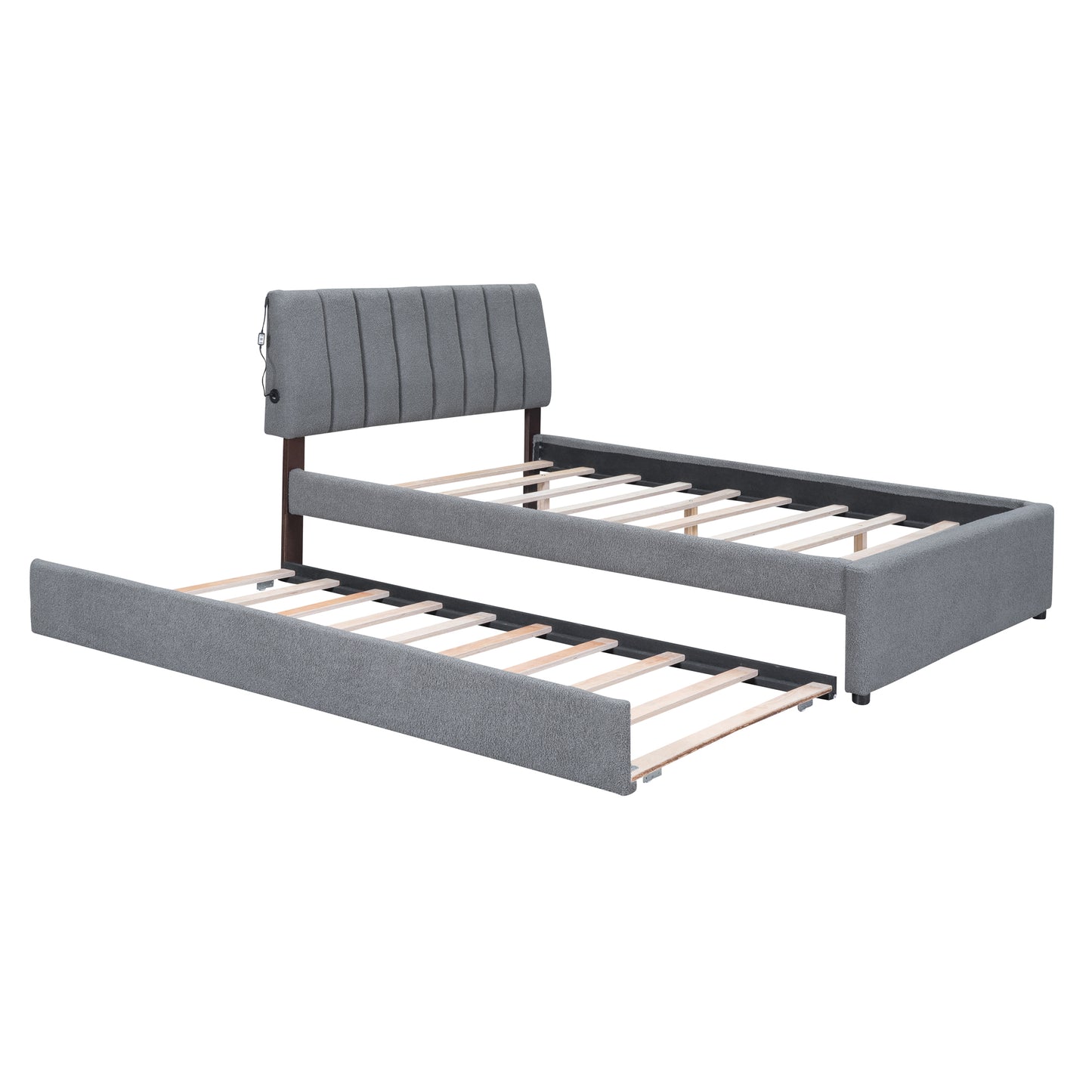Luxurious Gray Upholstered Full Size Platform Bed with Twin Trundle and LED Lights
