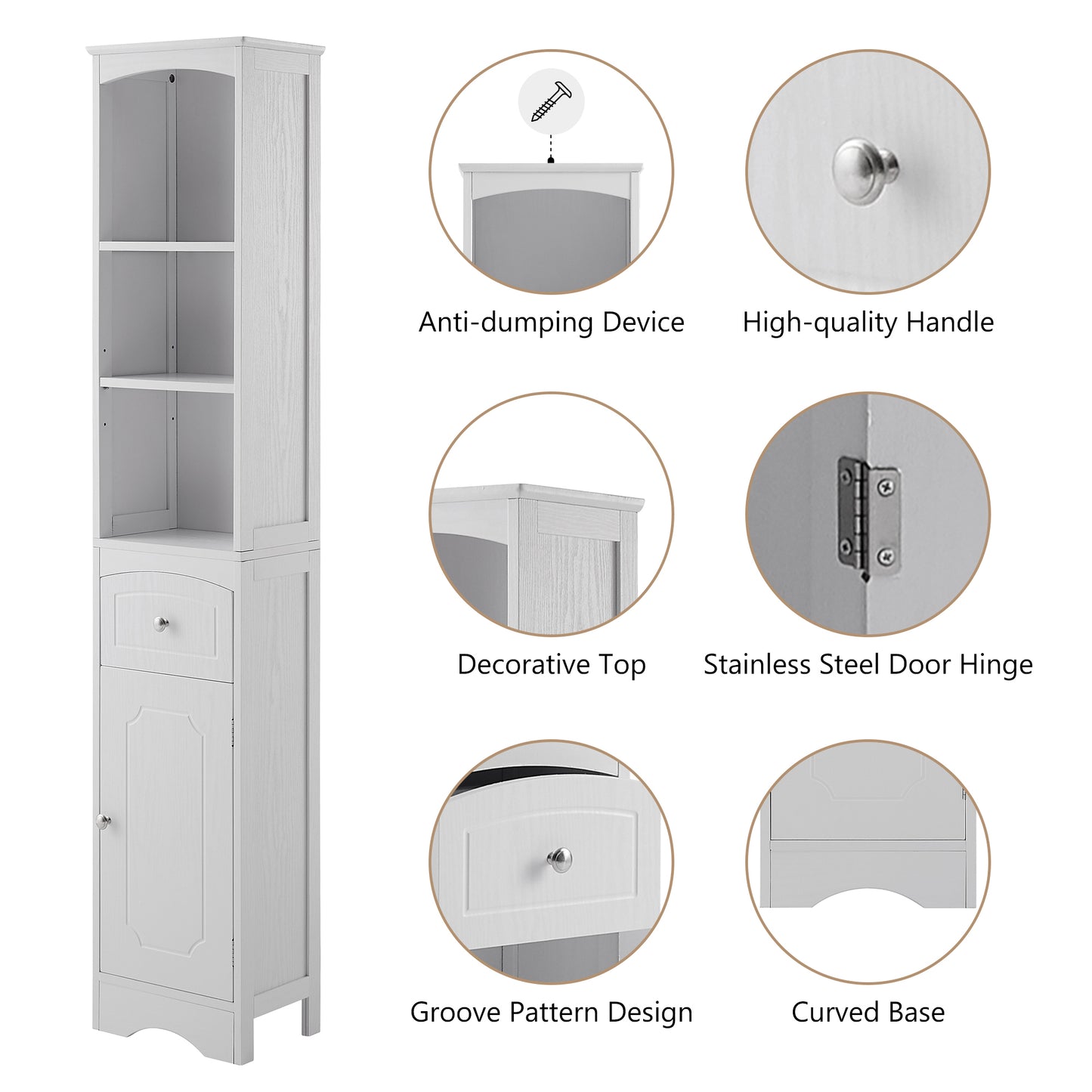 White Freestanding Tall Storage Cabinet for Bathroom with Adjustable Shelves and Drawer, MDF Construction