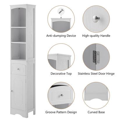 White Freestanding Tall Storage Cabinet for Bathroom with Adjustable Shelves and Drawer, MDF Construction