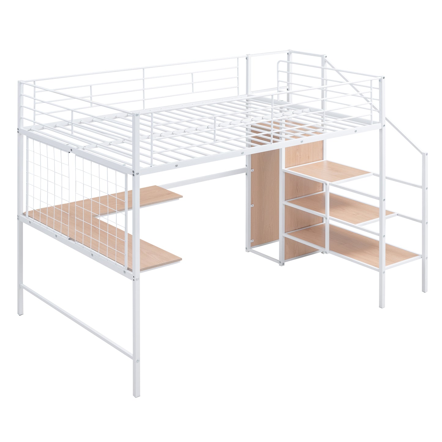 Stylish Full Size Metal Loft Bed with Integrated Desk and Storage Solutions in White