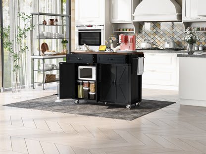 Rolling Farmhouse Kitchen Island with Power Outlet, Drop Leaf Design, Ample Storage, and Spice Rack - Black
