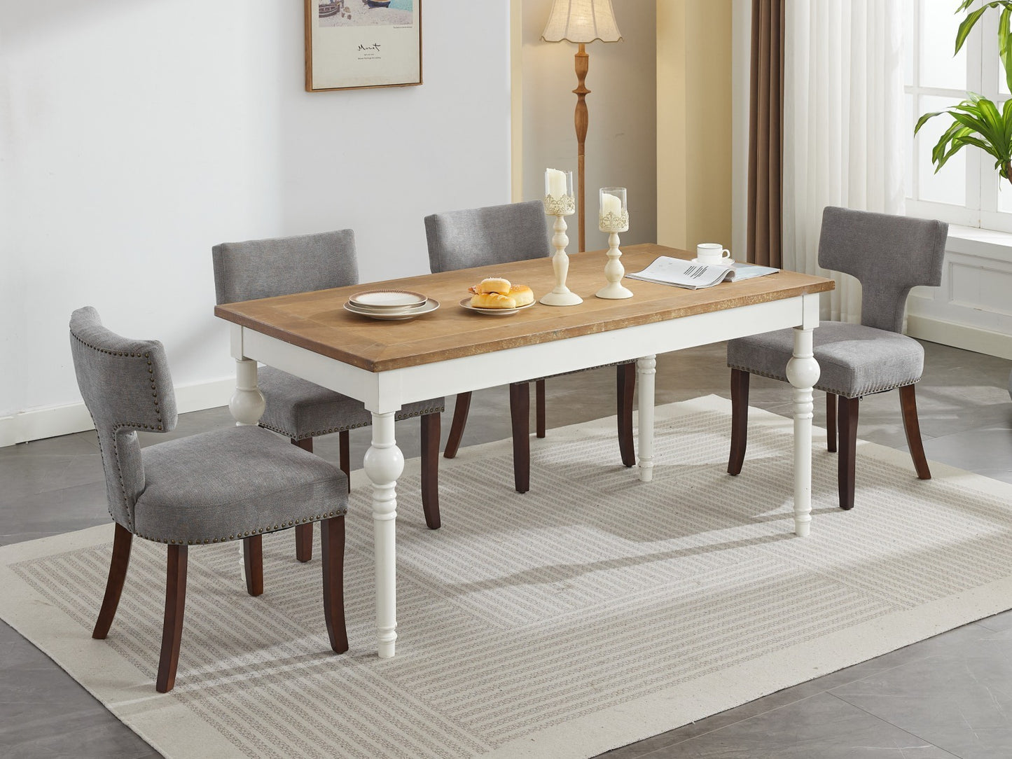 Set of 2 Mid Century Modern Dining Chairs, Linen Upholstery, Copper Nailhead Trim Solid Wood Frame Gray