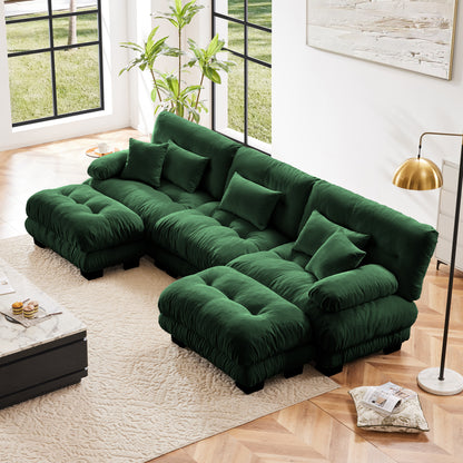 Modular U-Shaped Sectional Sofa with 2 Ottomans, Deep-Seat Cloud Cushions, Chenille Upholstery Green