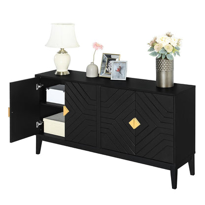 4-Door Sideboard Storage Cabinet for Living Room and Dining Room, Two Large Cabinets with Gold Handles and Adjustable Shelf, Black