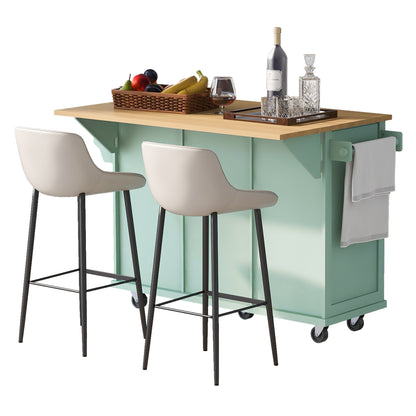 Mint Green Kitchen Island Cart with Drop-Leaf Rubberwood Top, Storage Cabinet, and 3 Drawers on Wheels