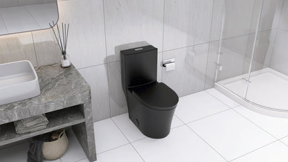 Matte Black Modern Elongated One-Piece Toilet with Dual Flush and Soft-Close Seat