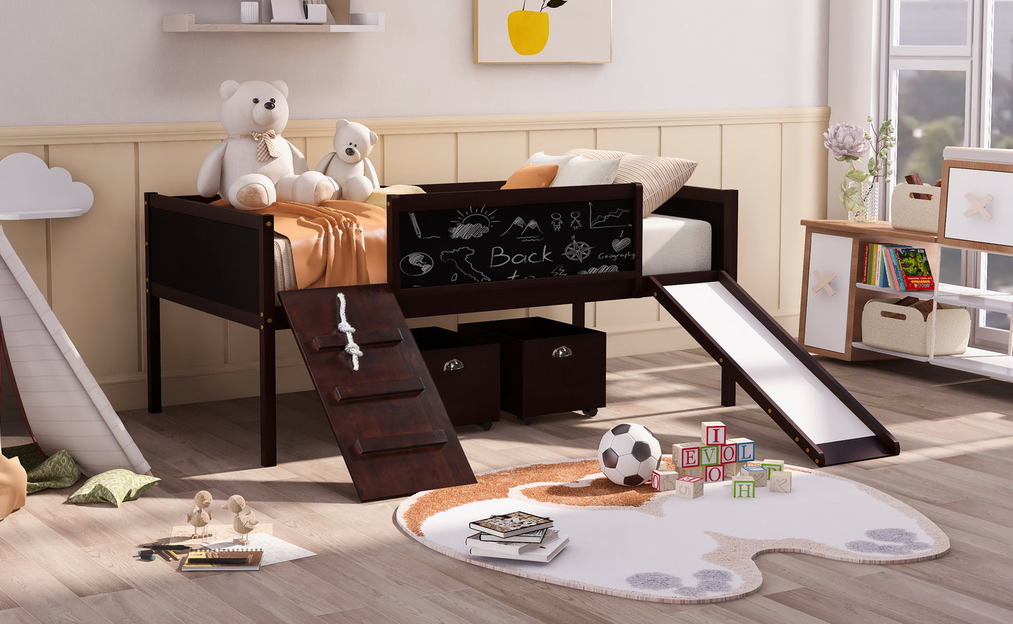 Espresso Twin Loft Bed with Slide and Storage Bins