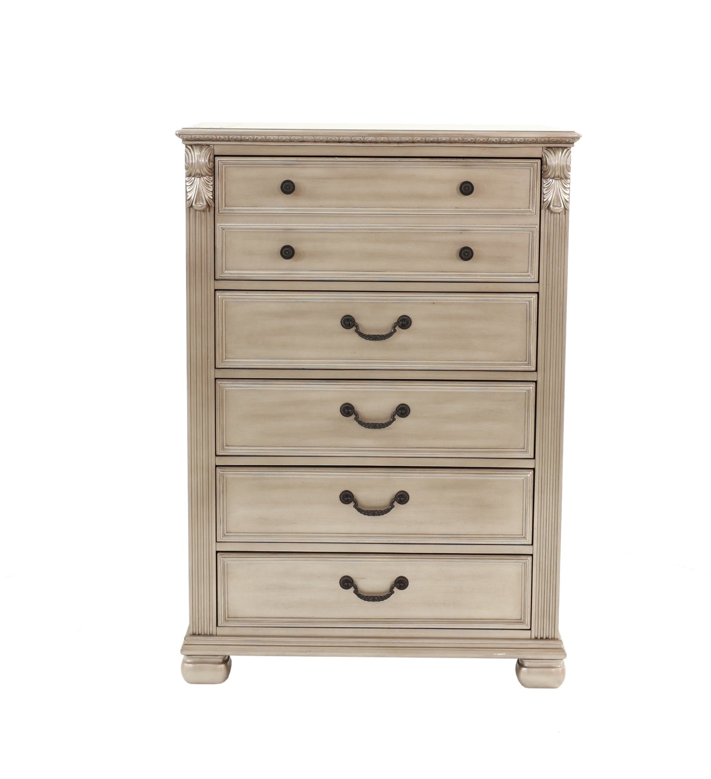 Elegant Antique Silver 5-Drawer Chest for Timeless Bedroom Storage