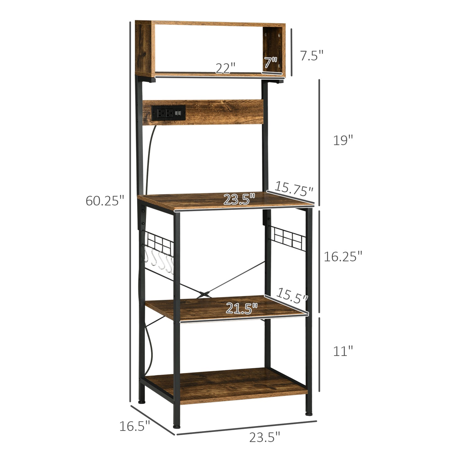Rustic Brown Kitchen Bakers Rack with Power Outlet, USB Charging, Adjustable Shelves, and Coffee Bar Functionality