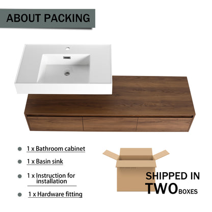 Contemporary 60-Inch Wall-Mounted Bathroom Vanity with Resin Sink and Soft-Close Drawers