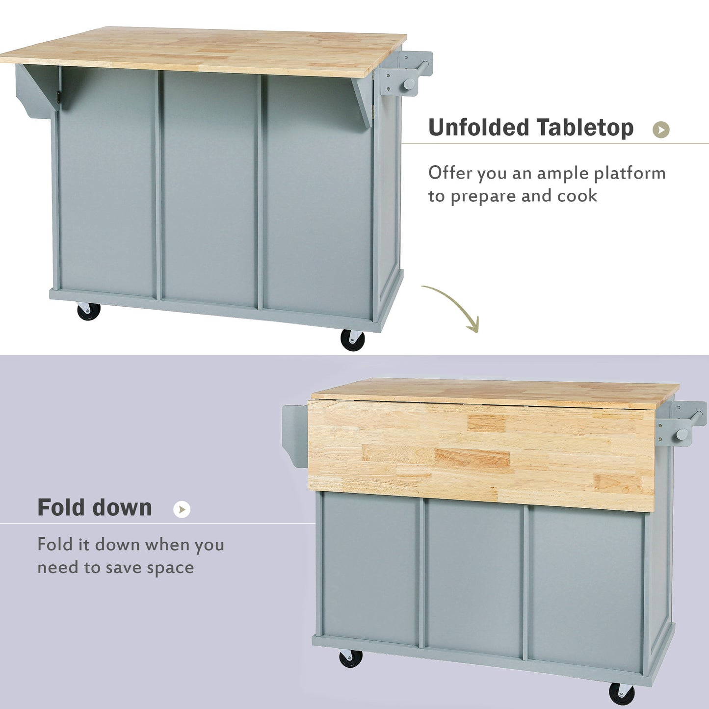 Multi-Functional Kitchen Island Cart with Rubber Wood Drop-Leaf Top, Storage Drawers, and Adjustable Shelving in Grey Blue