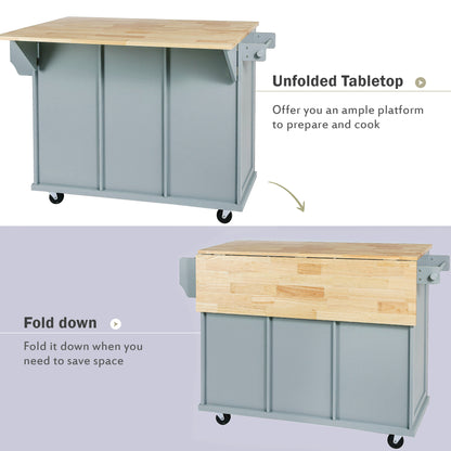 Multi-Functional Kitchen Island Cart with Rubber Wood Drop-Leaf Top, Storage Drawers, and Adjustable Shelving in Grey Blue