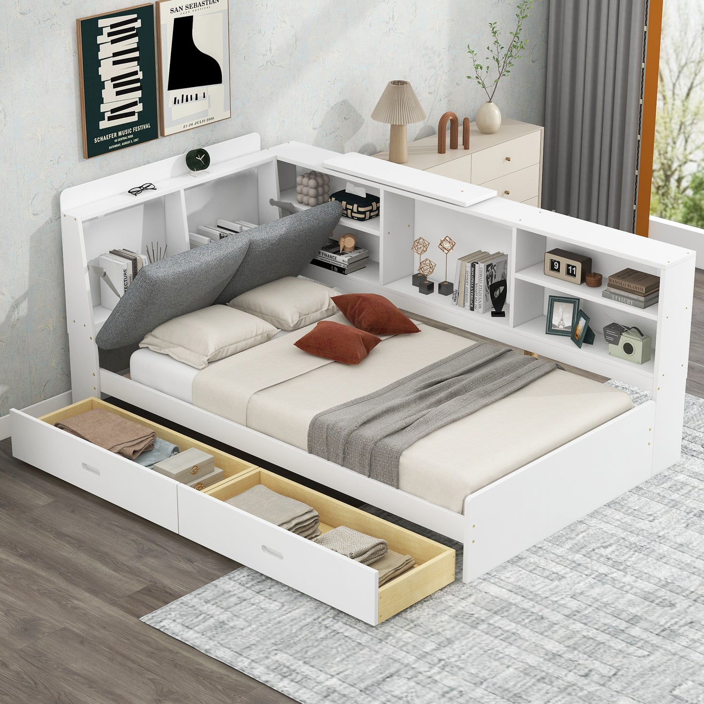 Elegant White Twin Size Platform Bed with Storage Headboard, Shelves, and Drawers
