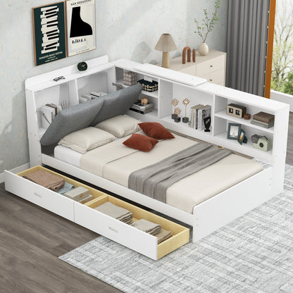 Elegant White Twin Size Platform Bed with Storage Headboard, Shelves, and Drawers