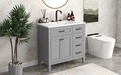 36-Inch Grey Bathroom Vanity Set with Ceramic Sink and Storage Drawers