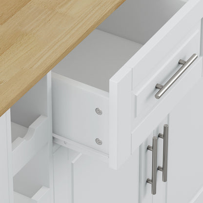 Elegant Multi-Functional Kitchen Island Cart with Storage Cabinet, Drawers, Spice Rack, Wine Rack, and Foldable Rubberwood Top (White)