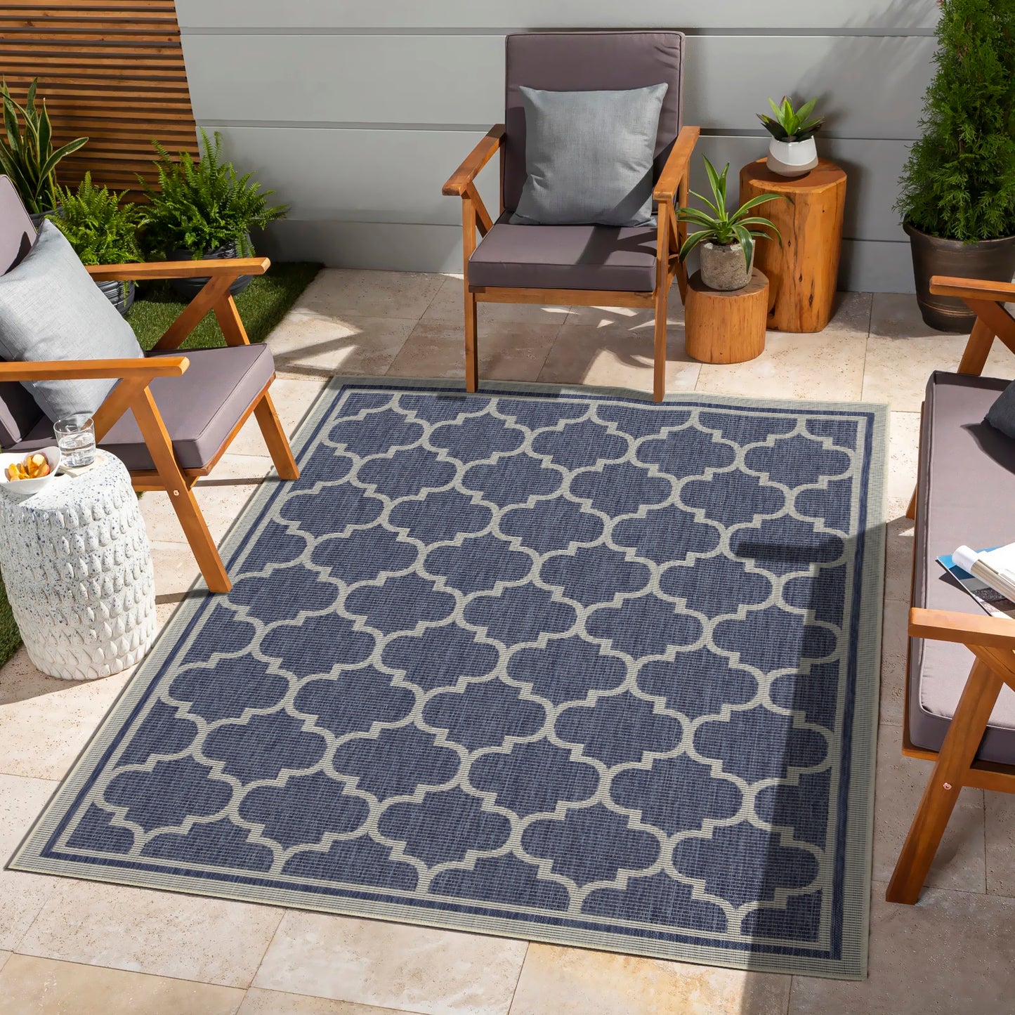 Indoor/Outdoor Trellis Rug, 5 ft 3 in x 7 ft 3 in, Flatweave Polypropylene, Durable, Stain-Resistant, Blue