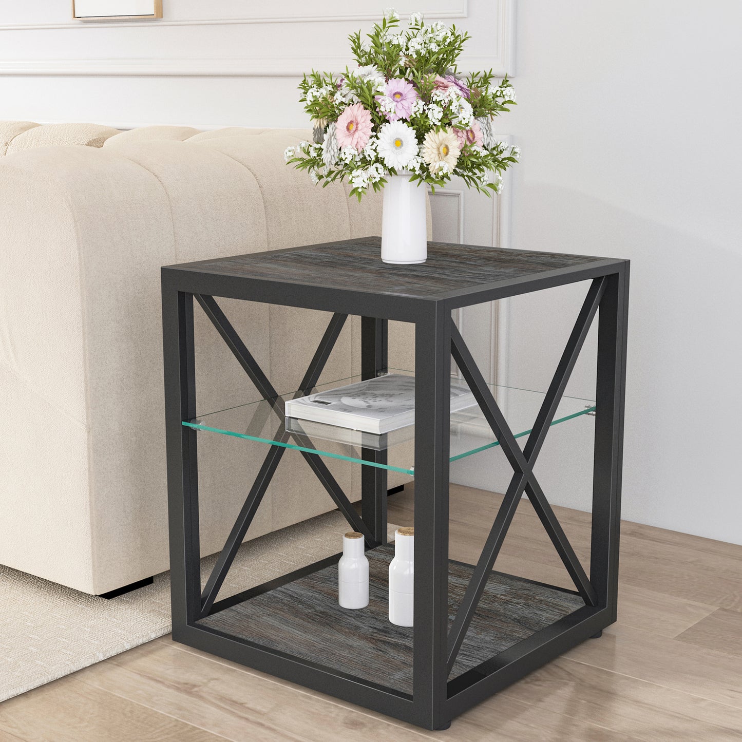 Modern End Table w/Tempered Glass 3-Tier, 17.7in Square, Nightstand for Bedroom, Rustic Wood Grain Finish